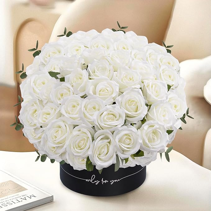 50PCS Artificial Roses with Long Stems - Realistic Silk Flowers, Fake Roses Real Touch Bouquet of Roses for Home Decor, Bridal Wedding Party Table Centerpieces, Bulk Faux Rose Flowers (White)