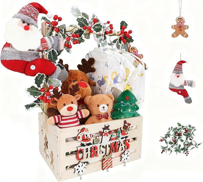 XIANMEI Christmas Wooden Baby Shower Crate Closet, Baby Basket With Artificial Wreath Garland & Accessories - Baby Shower Basket for Newborn Boys Girls, Pregnancy Gifts for New Parents