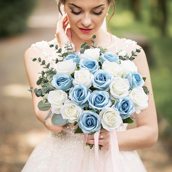 20PCS Artificial Roses with Long Stems - Realistic Silk Flowers, Fake Roses Real Touch Bouquet Roses for Home Decor, Bridal Wedding Table Centerpieces, Faux Rose Flowers (White&Sky Blue)