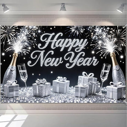 Happy New Year Banner 71x43 Inch Silver Champagne Party Wall Decoration Fireworks Photo Backdrop for Indoor Countdown Celebration Holiday Event and Home Background Display