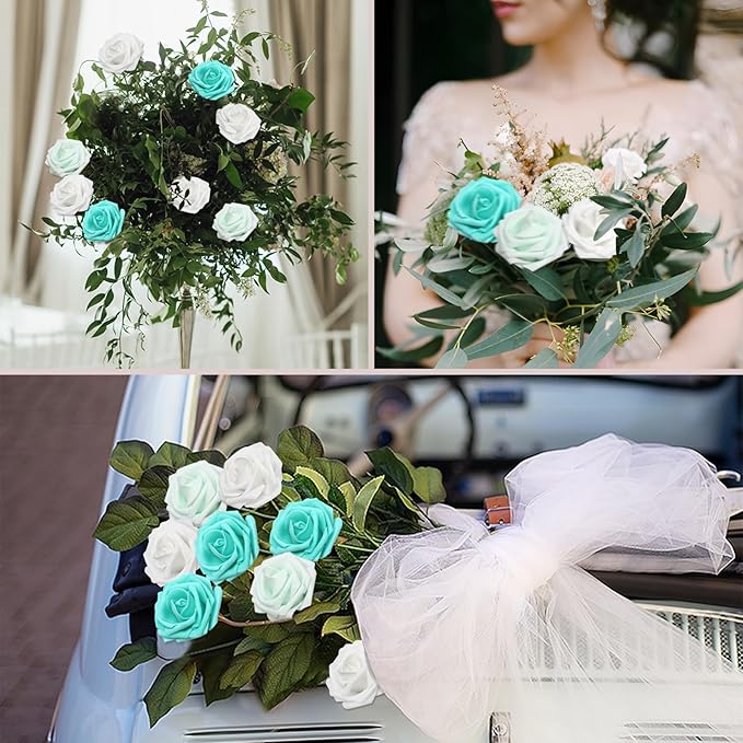 50PCS Artificial Flowers Green Series Roses Real Looking Foam Fake Roses with Leaves and for DIY Wedding Bouquets Bridal Shower Centerpieces Party Decorations (Green Series, 50)