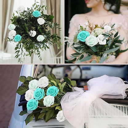 50PCS Artificial Flowers Green Series Roses Real Looking Foam Fake Roses with Leaves and for DIY Wedding Bouquets Bridal Shower Centerpieces Party Decorations (Green Series, 50)