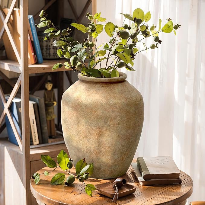 LuxenHome Rustic Flower Vase, 12.4" Tall Terracotta Vases with Earthy Brown Tones, Vintage Pottery for Dining Table Decor, Boho Ceramic Vase for Shelf Living Room Decor, Home Décor Accents