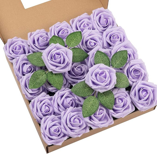 DuHouse 25Pcs Artificial Roses Flowers Fake Roses with Stems Real Touch Foam Flowers for DIY Wedding Bouquet Baby Shower Centerpiece Floral Arrangement Party Home Decor(Lilac)