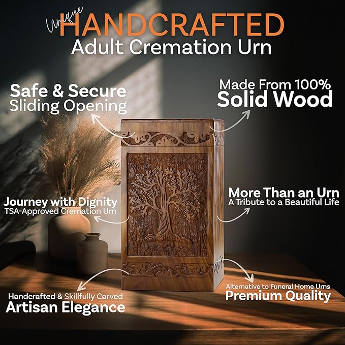 INTAJ Handcarved Wooden Cremation Urn for Human Ashes - Tree of Life Design, 640lbs Capacity, Suitable for Adult Men and Women - Decorative Funeral Urn Box and Casket - Companion Urn Carved Box