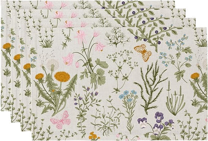 QIYI Boho Placemats Set of 4, 12x18 Inch Linen Fabric Floral Place Mats for Kitchen Dinning, Farmhouse Rustic Cloth Table Mats, Washable Placemat Botanical Party Table Décor, Wildflowers Herbs