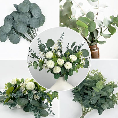 Artificial Greenery Stems Set 110 Pcs 8 Kinds of Faux Eucalyptus Stems and Flowers Fake Silver Dollar Eucalyptus Leaves Stems Bulk for Wedding DIY Bouquets Vase Table Centerpieces Decor