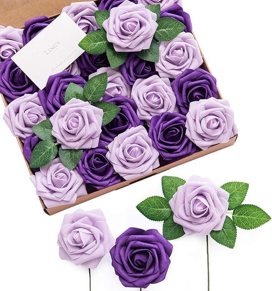 Ling’s Moment Artificial Flowers 25Pcs Purple Roses Decor w/Stems,3" Real Touch DIY Foam Floral for Wedding Bouquet/Centerpieces, Outdoors Party Backdrop, Room/Table, and Garden/Pot Decorations （2023）