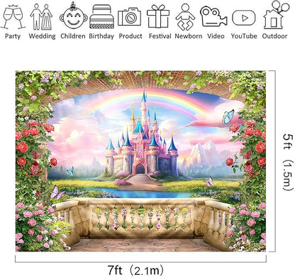 Riyidecor Pink Castle Backdrop Polyester Fabric Princess Flower Blossom Spring Floral Butterfly 7Wx5H Feet Fairy Fantasy Balcony Rainbow Photography Background Birthday Wedding Photo Studio Shoot
