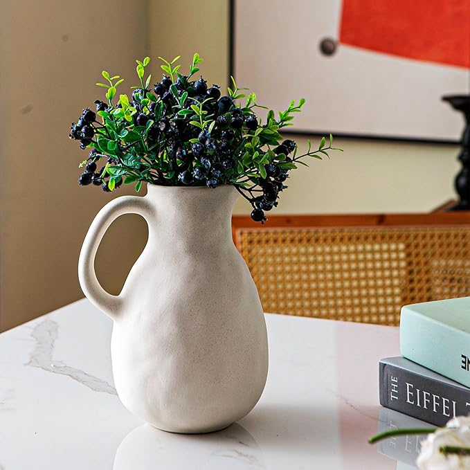 Off White Ceramic Vase with Handle, Pitcher Vases for Modern Farmhouse Home Decor, Small Pottery Flower Jug for Living Room Bedroom Kitchen Office Shelf Decor Centerpiece Table Decoration