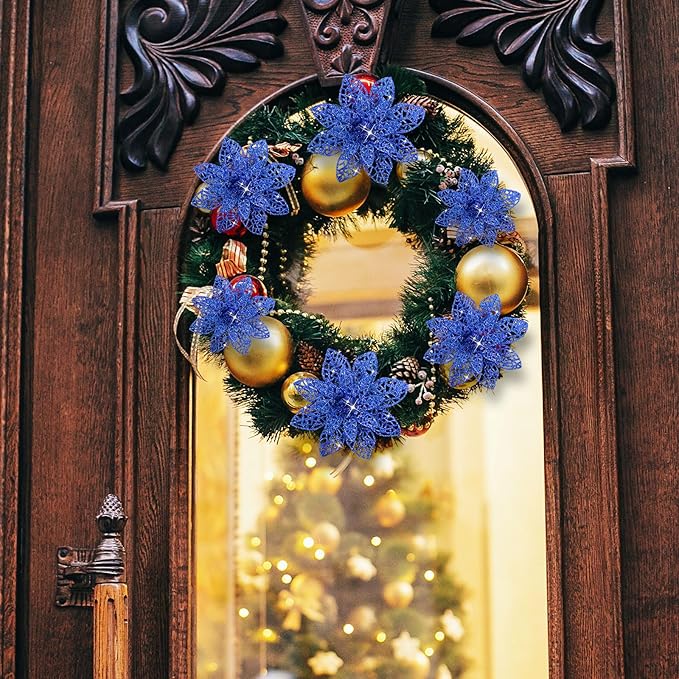 Boao Royal Blue 24 Pieces Poinsettia Flower Christmas Glitter Artificial Poinsettia with Clips Christmas Tree Ornament Decorations for DIY Xmas Wreath Holiday Home Party Decor, 3/4/6 Inches