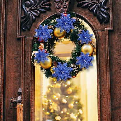 Boao Royal Blue 24 Pieces Poinsettia Flower Christmas Glitter Artificial Poinsettia with Clips Christmas Tree Ornament Decorations for DIY Xmas Wreath Holiday Home Party Decor, 3/4/6 Inches