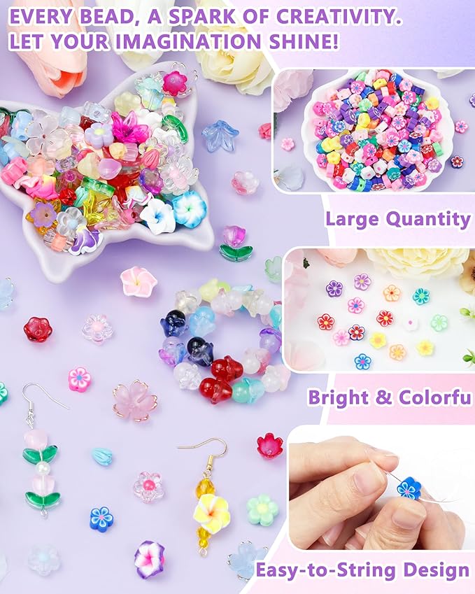 FIVEIZERO 300PCS Polymer Clay Flower Beads, Colorful Hawaiian Floral Bead Charms for Bracelets, Necklaces & DIY Jewelry Making Crafts