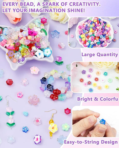 FIVEIZERO 300PCS Polymer Clay Flower Beads, Colorful Hawaiian Floral Bead Charms for Bracelets, Necklaces & DIY Jewelry Making Crafts
