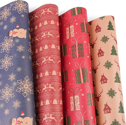 Happypapa Christmas Wrapping Paper, Kraft Xmas Wrapping Paper Rolls - Jingle Bell, Reindeer, Gift and Snowflakes Pattern - 4 Rolls - 17 Inch × 120 Inch Per Roll