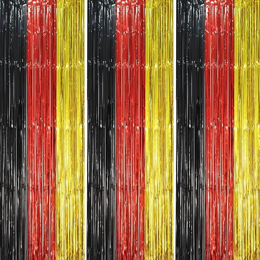 3 Pack 3.3 x 8.2 ft Red Black Gold Foil Fringe Backdrop Curtains, Tinsel Streamers Party Decorations, Fringe Backdrop, Door Shimmer for Thanksgiving Day or Birthday Party