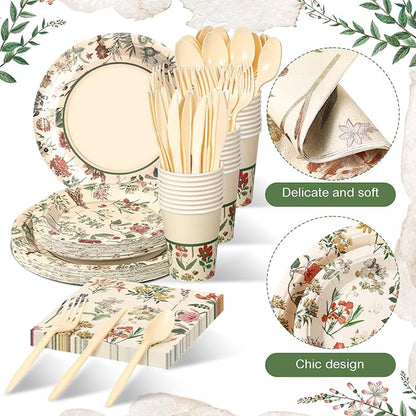 Roshtia 25 Set Floral Party Supplies Flower Paper Plates Napkins Tablewares Disposable Flower Dinnerware for Girls Women Floral Birthday Tea Party Decorations Favors