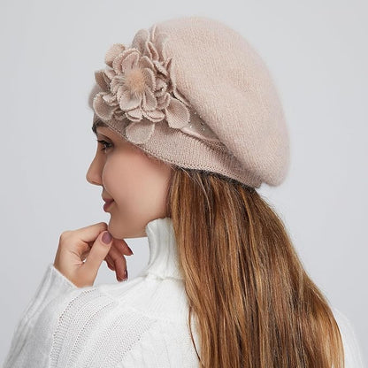 Flower Women Beret, Double Layer Thickened Winter Knitted Beanie Beret Hat, Stylish French Dress Beret Hats for Women