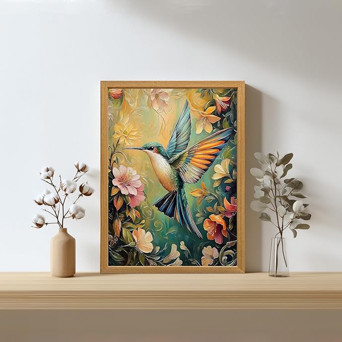 LLEEMPI William Morris Wall Art, Vintage Bird Floral Wall Decor, Hummingbird Flower Canvas Painting, Colorful Nature Botanical Aesthetic Picture for Living Room Bedroom Kid Room Wood Framed 16x24 inch