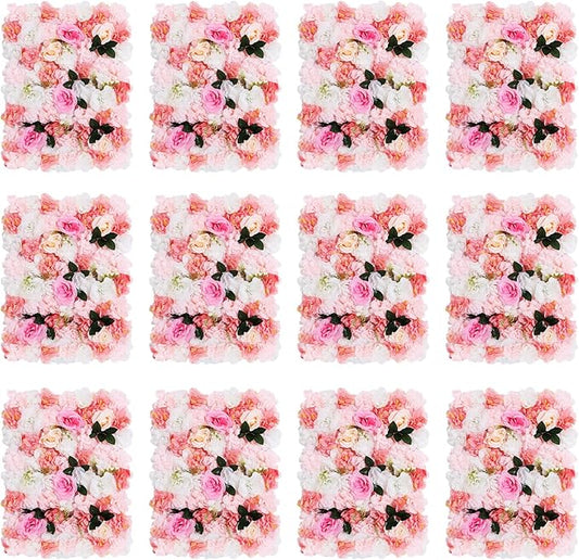 LOYALHEARTDY 12 Pack Artificial Flower Wall Panels 24" x 16" White & Pink Faux Roses Artificial Flower Backdrop Panels for Wedding Party Event Flower Wall Decor