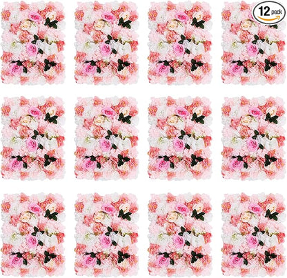 12PCS Flower Wall Panels, 3D Silk Floral Wall Backdrop, Realistic Pink Dahlias Rose Flower Backplanes, Roll Up Fake Flower Background for Valentines Wedding Party Home Decoration