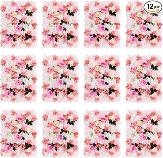12PCS Flower Wall Panels, 3D Silk Floral Wall Backdrop, Realistic Pink Dahlias Rose Flower Backplanes, Roll Up Fake Flower Background for Valentines Wedding Party Home Decoration