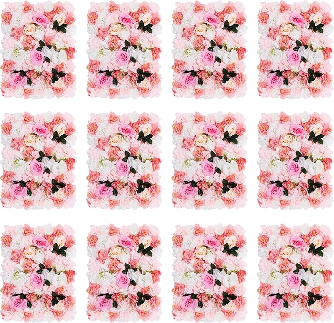 12pcs 24" x 16" Artificial Flower Wall Panel Background,3D Pink White Dahlia Silk Rose with Leaves Flowers Wall Backdrop for Wedding Party Event Photo Backdrop Wall Decor (Type 3)