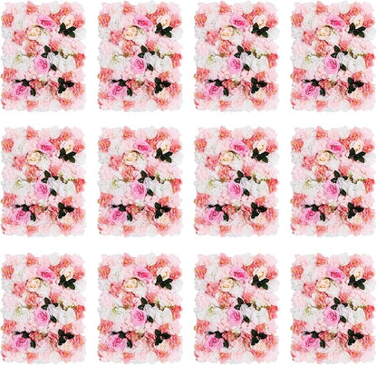 12pcs 24" x 16" Artificial Flower Wall Panel Background,3D Pink White Dahlia Silk Rose with Leaves Flowers Wall Backdrop for Wedding Party Event Photo Backdrop Wall Decor (Type 3)