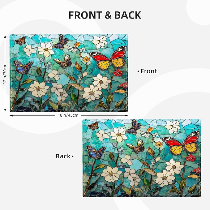 Butterfly Teal Placemats Set of 4, Colorful Stained Glass Place Mats, Rustic Flowers Dining Table Mats, Washable Placemats for Kitchen Dining Room Home Decor 18L'' × 12W''