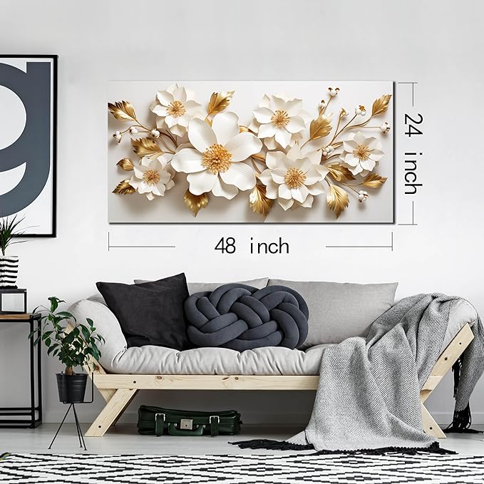 JuhaiArt Gold Wall Decor White 3D Floral Wall Art Elegant Flower Canvas Decor for Bedroom Living Room Office Picture Artwork 24" x 48"
