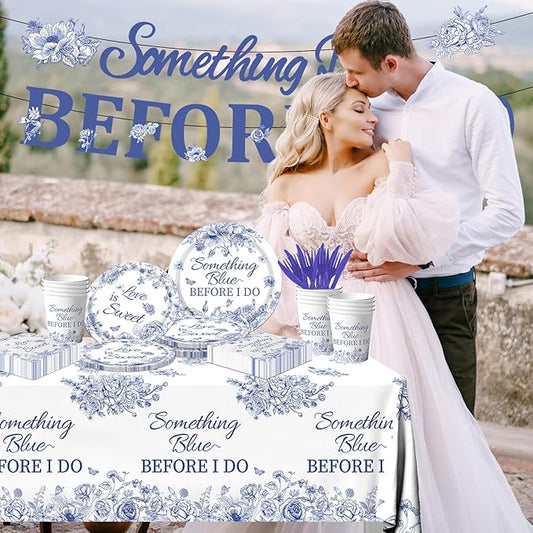 142PCS Something Blue Before I Do Bridal Shower Decorations Bridal Shower Party Favors for 20 Guests Blue Floral Plates and Napkins Tableware Set for Wedding Engagement