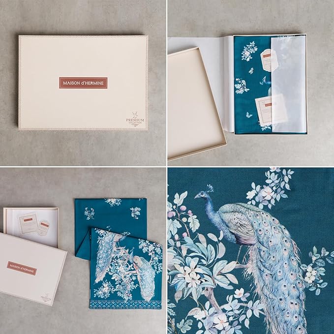 Maison d' Hermine Tablerunners 100% Combed Cotton Premium Table Runner Decorative Table Cover, Home, Kitchen & Camping, Peacock Utopia - Deep Sea, Double Layer - (14.5"x108")