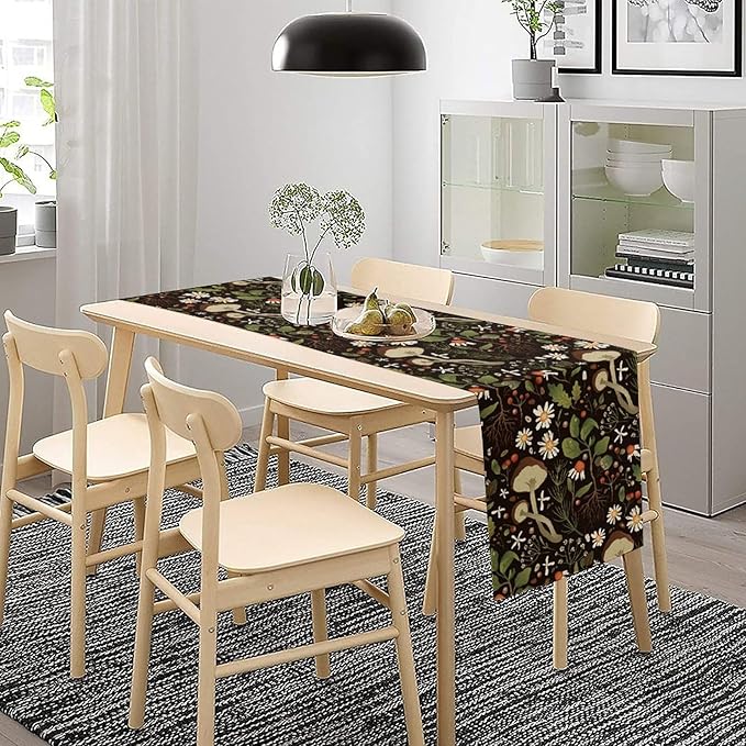 Vintage Mushroom Table Runner Rustic Garden Wildflower Botanical Plants Herbs Spring Summer Seasonal Black Dinner Runner for Kitchen Dining Cabin Home Holiday Party 13x120in