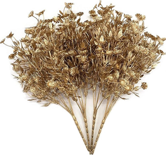 PASYOU Artificial Gold Flowers, Plastic Simulation Plants Golden Daisy Leaves Faux Shrubs for Indoor Outdoor Home Garden Planter Filler Party Hotel Verandah Wedding DIY Decoration 4 Pack