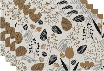 QIYI Boho Placemats Set of 4, 12x18 Inch Linen Fabric Place Mats for Kitchen Dinning, Farmhouse Rustic Graphic Leaves Cloth Table Mats, Brown Washable Placemat Party Table Décor, Botanical Line Art