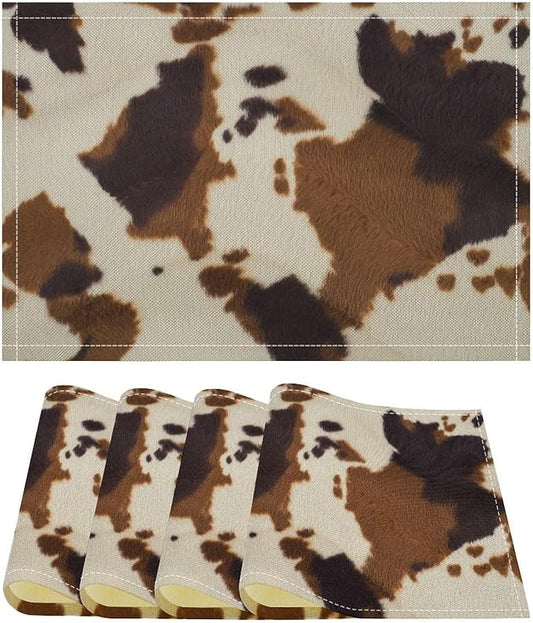Cow Print Placemats Set of 4 Rustic Farmhouse Brown Cowhide Print Western Style Art Printed Dining Table Mats for Restaurant Home Kitchen Holiday Decor 12x18in