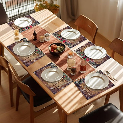 Christmas Placemats Set of 6,Washable Heat Resistant 12×18 Inch Linen Table Mats Wooden Place Mats for Party Outdoor Dining Décor