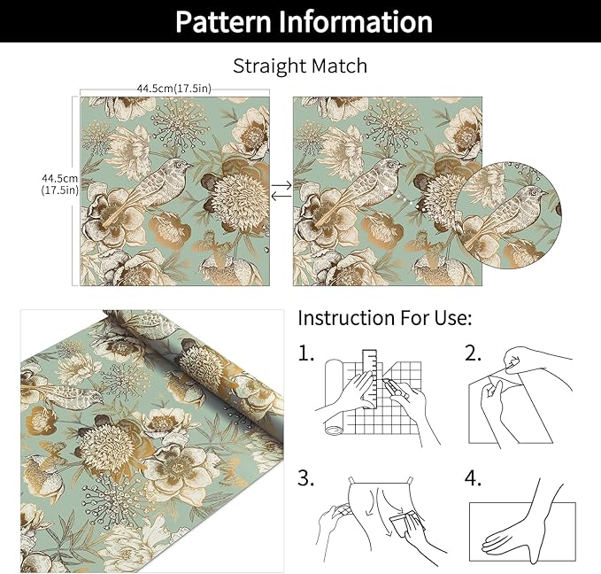 Decotalk Peel and Stick Floral Wallpaper Green Floral Flower Wallpaper Removable17.5x354 Inch Floral Wallpaper for Bedroom Bathroom Wall Green and Gold Vintage Floral Wallpaper Contact Paper Floral
