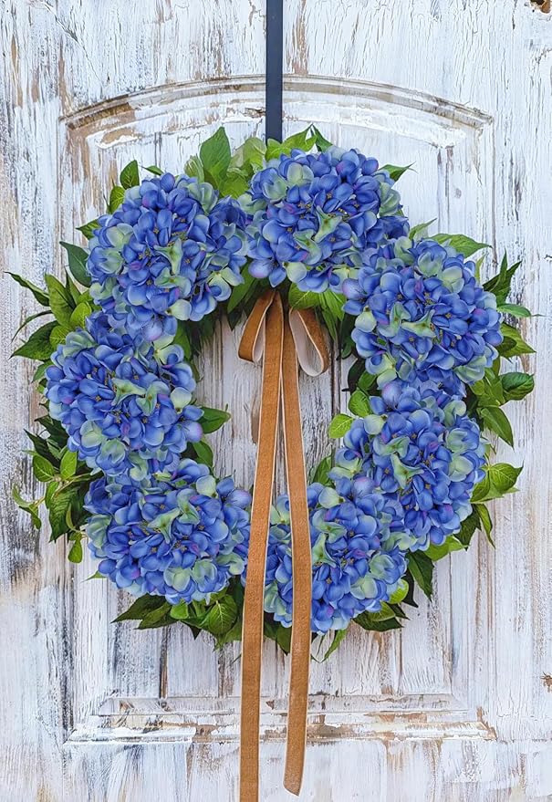 Hollyone Blue Silk Hydrangea Artificial Flowers Heads 7.4inch Large Fake Hydrangea 4Pcs Full Faux Flowers with Stems for Wedding Party Table Centerpieces Flower Arrangement Home Decor