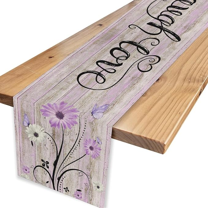Purple Daisy Table Runner, Butterfly Rustic Seasonal Spring Wild Flower Rustic Blue Wood Farmhouse Decor for Family Kitchen Farmhouse Holiday Party Table Decorations Indoor Outdoor 13x72 inch