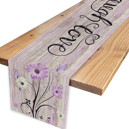 Purple Daisy Table Runner, Butterfly Rustic Seasonal Spring Wild Flower Rustic Blue Wood Farmhouse Decor for Family Kitchen Farmhouse Holiday Party Table Decorations Indoor Outdoor 13x72 inch