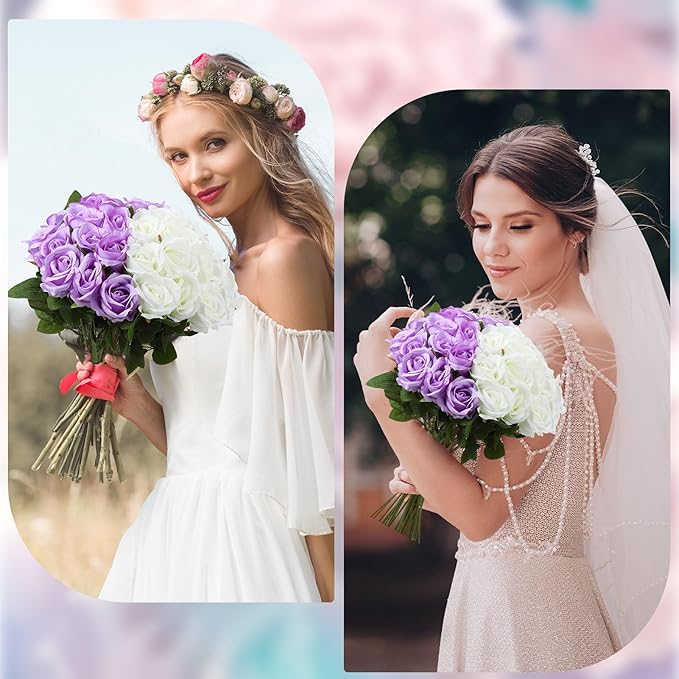 36 Pcs Silk Purple White Rose Bouquet Bridal Artificial Flowers,Fake Rose Long Stem Realistic Flowers Bulk for Wedding Bouquet Ball Arrangement Centerpiece Party Decor