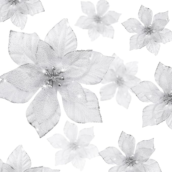WILLBOND 24 Pcs 3 Size Poinsettia Flower Artificial Christmas Decor Glitter Poinsettia Christmas Ornaments Faux Flowers for Xmas Tree Outdoor(3.2/4/6 Inches,Silver)