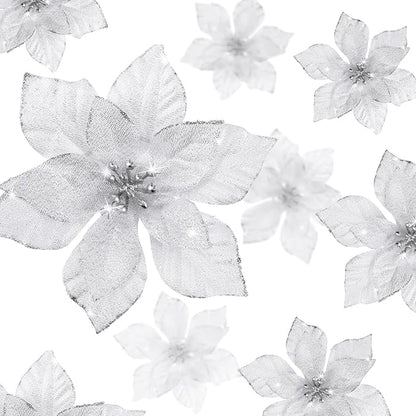 WILLBOND 24 Pcs 3 Size Poinsettia Flower Artificial Christmas Decor Glitter Poinsettia Christmas Ornaments Faux Flowers for Xmas Tree Outdoor(3.2/4/6 Inches,Silver)