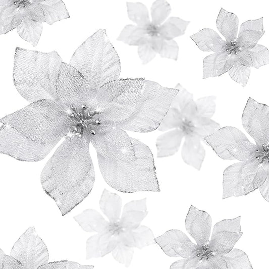 WILLBOND 24 Pcs 3 Size Poinsettia Flower Artificial Christmas Decor Glitter Poinsettia Christmas Ornaments Faux Flowers for Xmas Tree Outdoor(3.2/4/6 Inches,Silver)