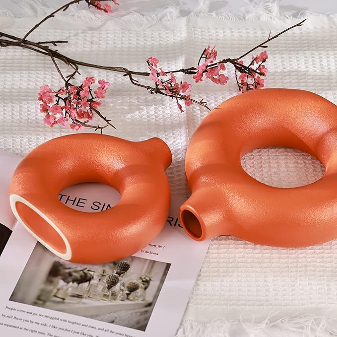Orange Decor Donut Vase Set of 2 - Circle Hollow Vase, Modern Matte Ceramic for Entryway, Living Room, Bedroom, Dining Table Centerpiece, Office Home Decor