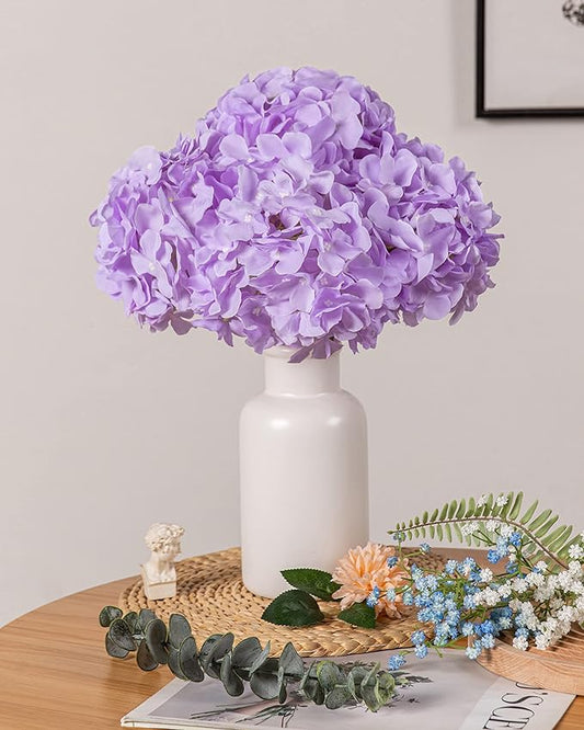 DuHouse 8.7" Silk Hydrangea Flower Heads with Stems Fake Hydrangeas Flowers for DIY Wedding Centerpiece Home Decor,Pack of 6(Lilac)