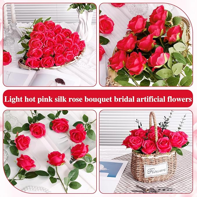 80 Pcs Roses Artificial Flowers, Silk Red Artificial Flowers Petals Long Stem Roses for Wedding Bouquet Home Party Decor