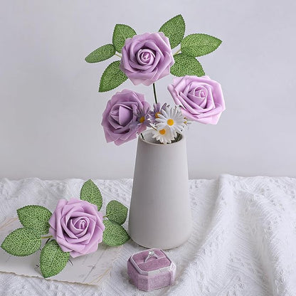 AmyHomie 25pcs Real Looking Artificial Lavender Roses w/Stem for DIY Wedding Bouquets Centerpieces Arrangements Party Baby Shower Valentines Day Christmas Tree Decorations