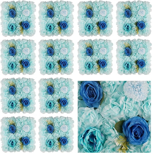 3D Flower Wall Backdrop - 12Pcs Artificial Flower Wall Panel 15 * 15inch Decoration Blue Roses Wall for Home Party Wedding Anniversary Birthday